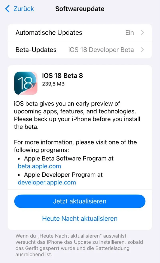 石排镇苹果手机维修分享苹果 iOS / iPadOS 18 开发者预览版 Beta 8 发布 